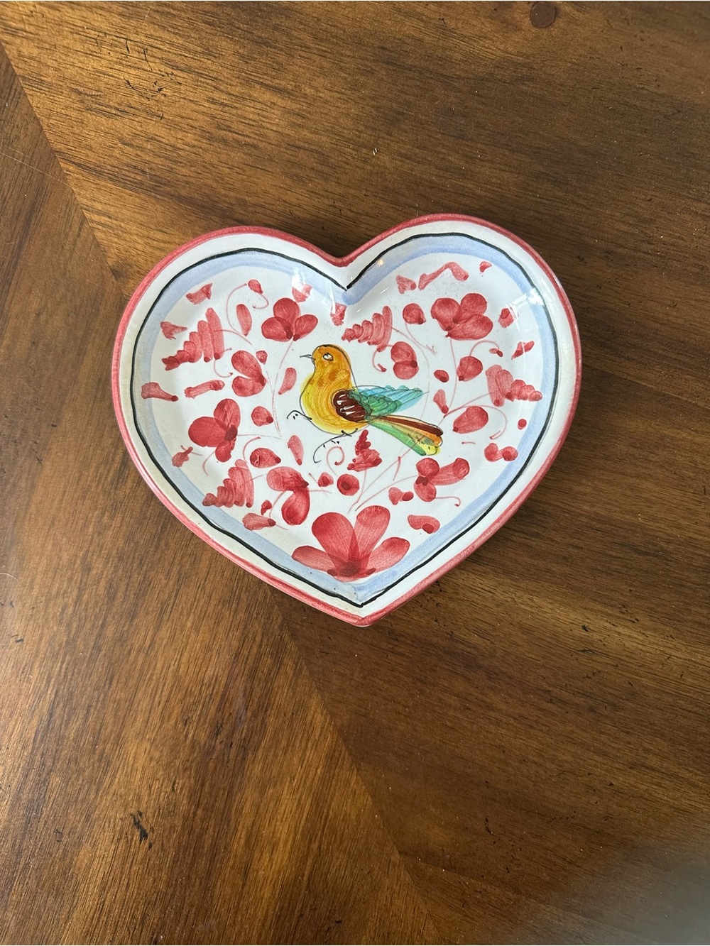 Italian Hand-Painted Heart Ceramic Dish with Bird Motif - Red